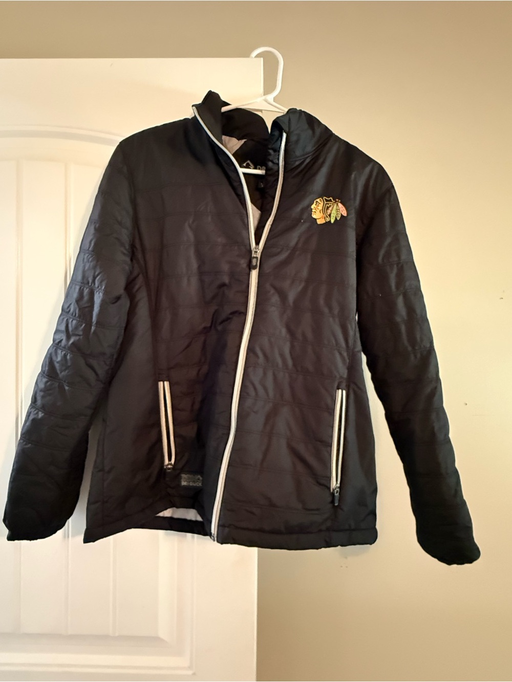 Black Quilted Puffer Jacket with Embroidered Chicago Blackhawks Logo